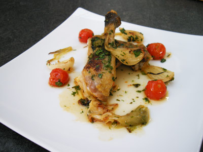 Cuisse de pintade rôtie et ses tomates cerises 