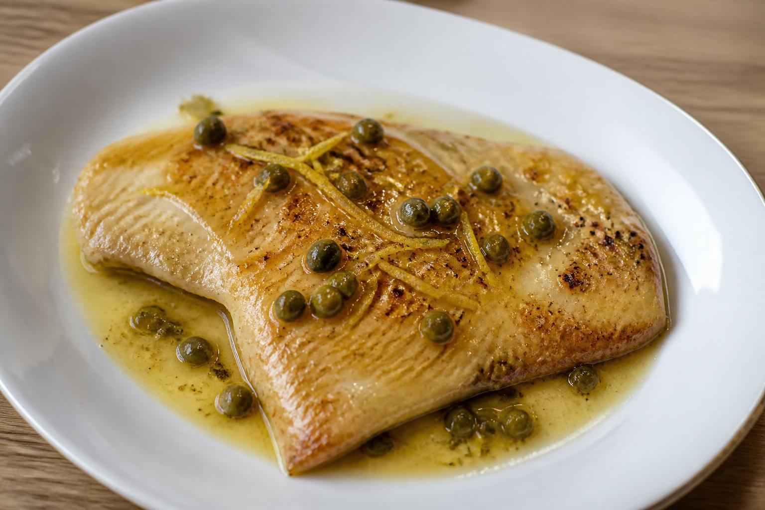 découvrez notre recette savoureuse d'aile de raie au beurre de câpres, un plat délicat et raffiné qui met en valeur les saveurs marines avec une touche acidulée.