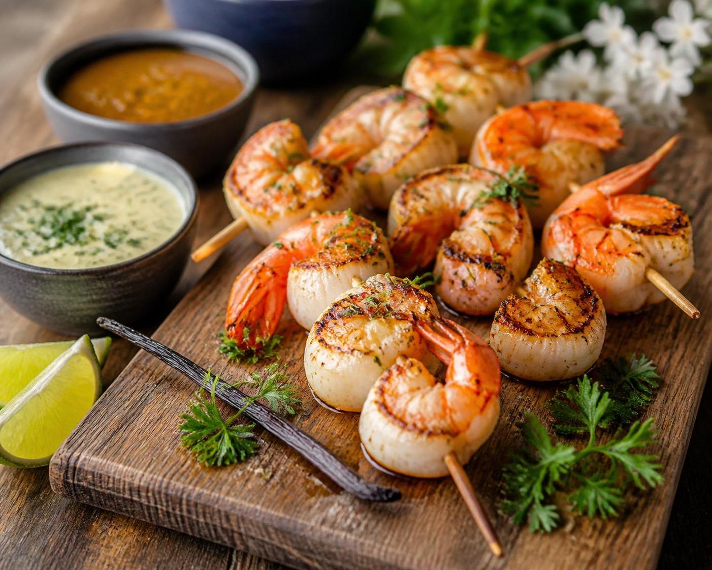 découvrez une recette exotique et savoureuse de brochettes de saint-jacques et gambas délicatement parfumées à la vanille des îles, parfaite pour un repas raffiné et original.
