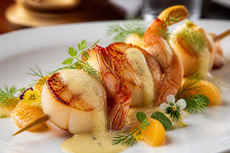 découvrez une recette savoureuse de brochettes de saint-jacques et gambas délicatement parfumées à la vanille des îles, pour un plat exotique et raffiné.
