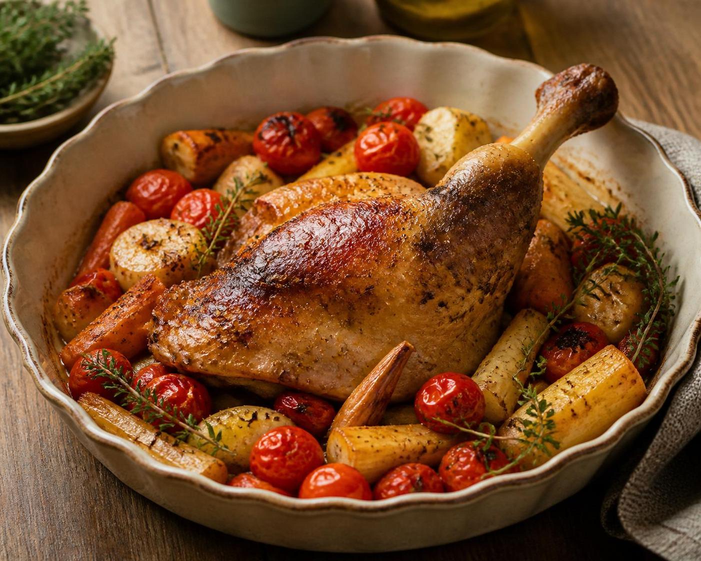 découvrez la recette savoureuse de cuisse de pintade rôtie accompagnée de tomates cerises fondantes, un plat gourmand et coloré parfait pour toutes les occasions.