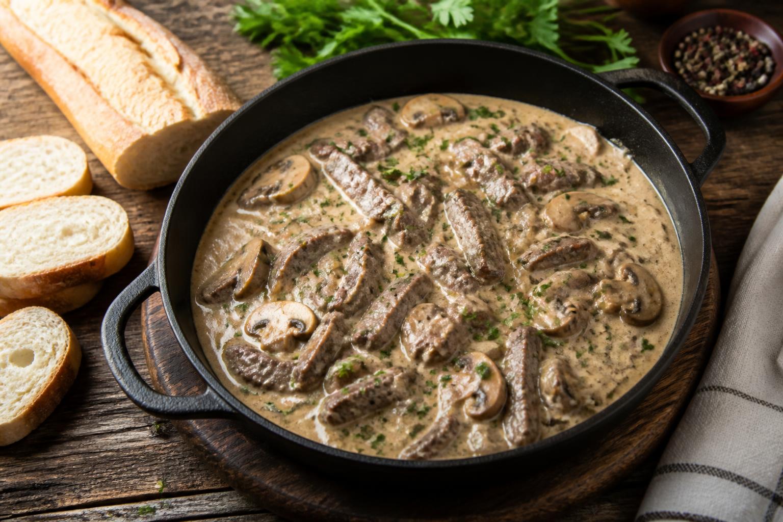 découvrez notre recette savoureuse d'émincé de bœuf stroganov à la crème, un plat classique russe à la viande tendre et sauce onctueuse, parfait pour un repas réconfortant.
