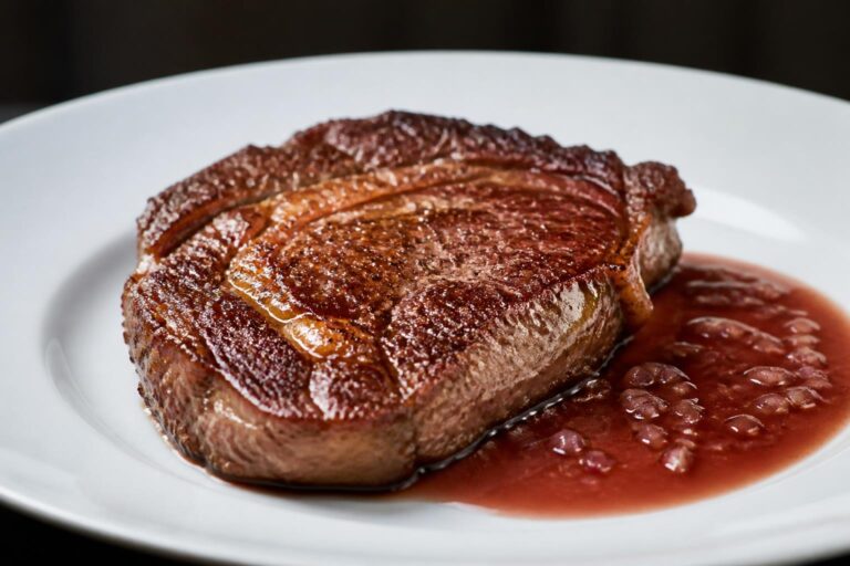 dégustez une entrecôte poêlée à la perfection accompagnée d'un savoureux beurre rouge, pour une expérience gustative riche et raffinée.