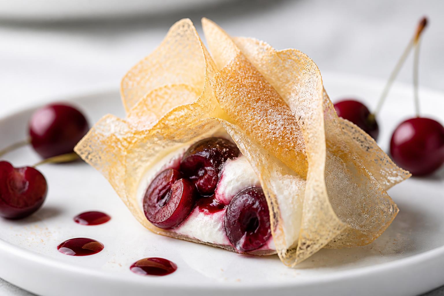 découvrez la délicatesse d'une feuille de brick cristallisée, garnie de fromage blanc frais et de cerises juteuses, pour une expérience gourmande et légère.