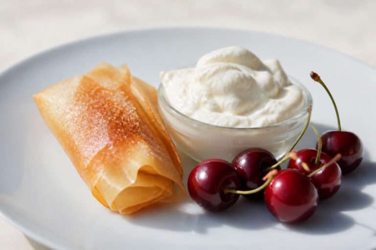 découvrez notre recette gourmande de feuille de brick cristallisée garnie de fromage blanc frais et de cerises juteuses, pour une douce alliance sucrée et croquante.