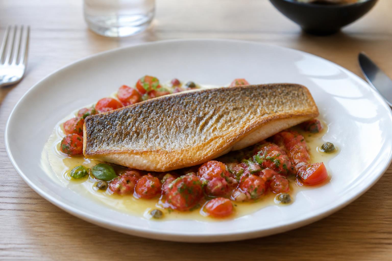 découvrez notre recette de filet de bar rôti accompagné d'une sauce vierge fraîche et savoureuse, parfaite pour un repas élégant et léger.