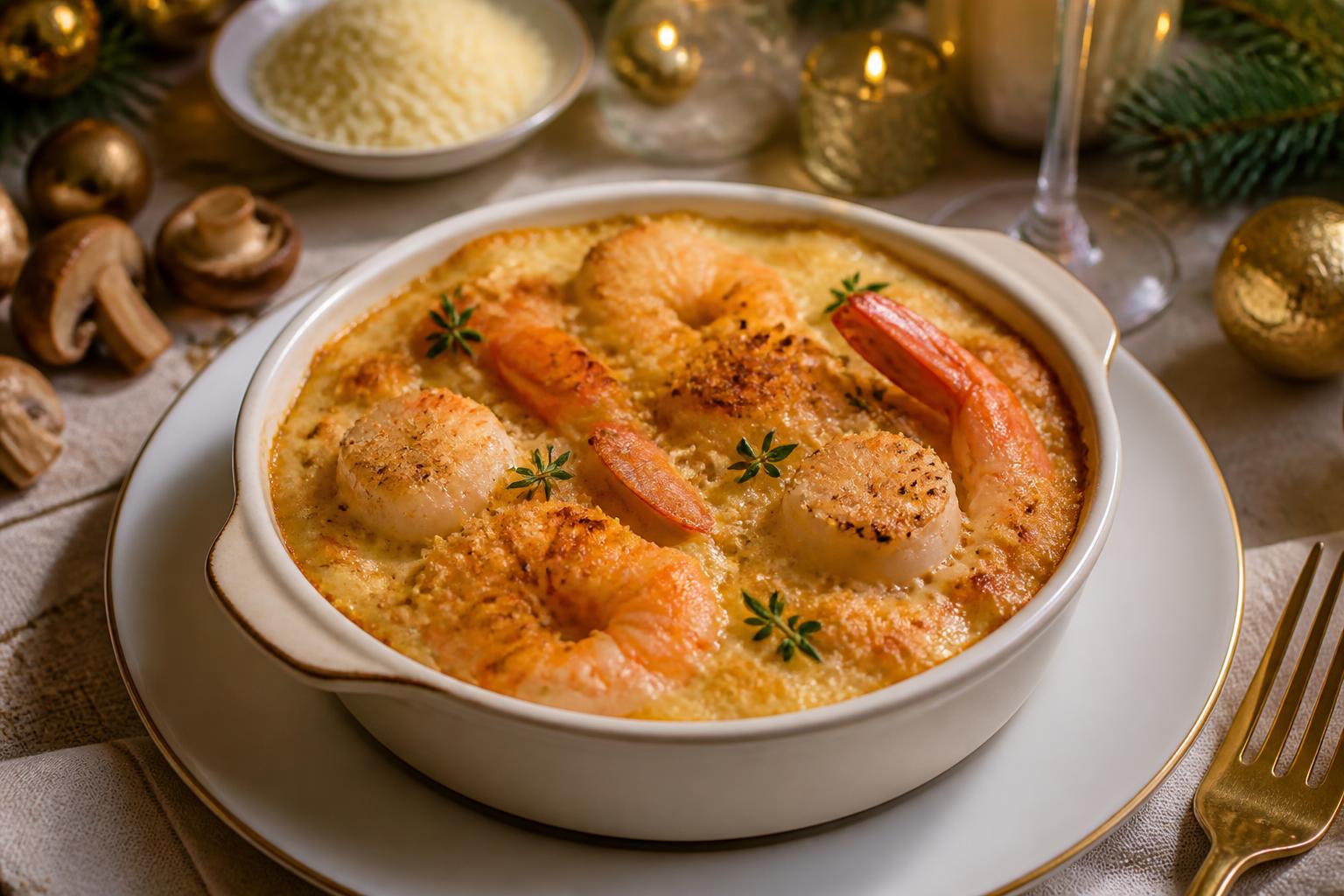 découvrez notre recette savoureuse de gratin de saint-jacques et gambas, un plat gourmand alliant douceur des fruits de mer et croustillant du gratin, parfait pour vos repas festifs.