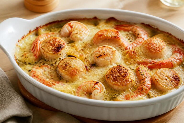 découvrez notre recette savoureuse de gratin de saint-jacques et gambas, un plat raffiné alliant fruits de mer et douceur crémeuse, parfait pour vos repas festifs.