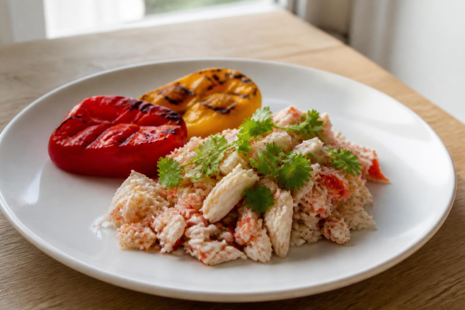 découvrez une recette savoureuse alliant miettes de crabe fraîches à la coriandre parfumée, accompagnée d'un duo coloré de poivrons grillés pour un plat léger et plein de saveurs.