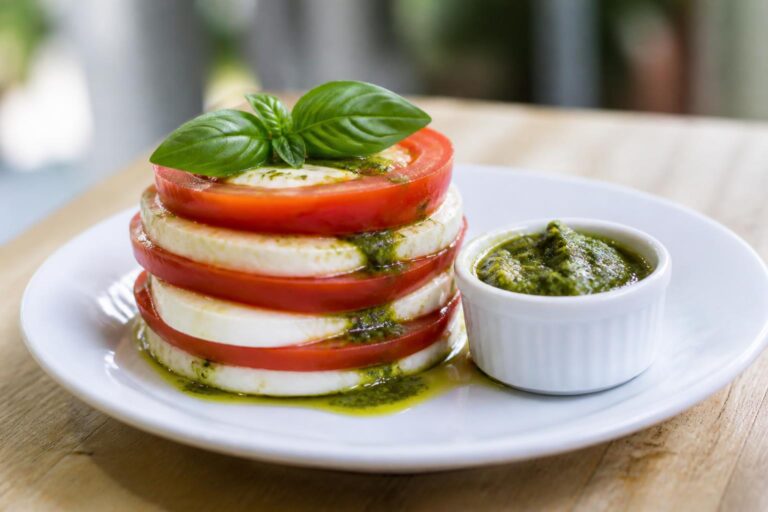découvrez notre recette légère et savoureuse de millefeuille tomate-mozzarella accompagné d'un pistou parfumé, parfaite pour un repas estival frais et coloré.