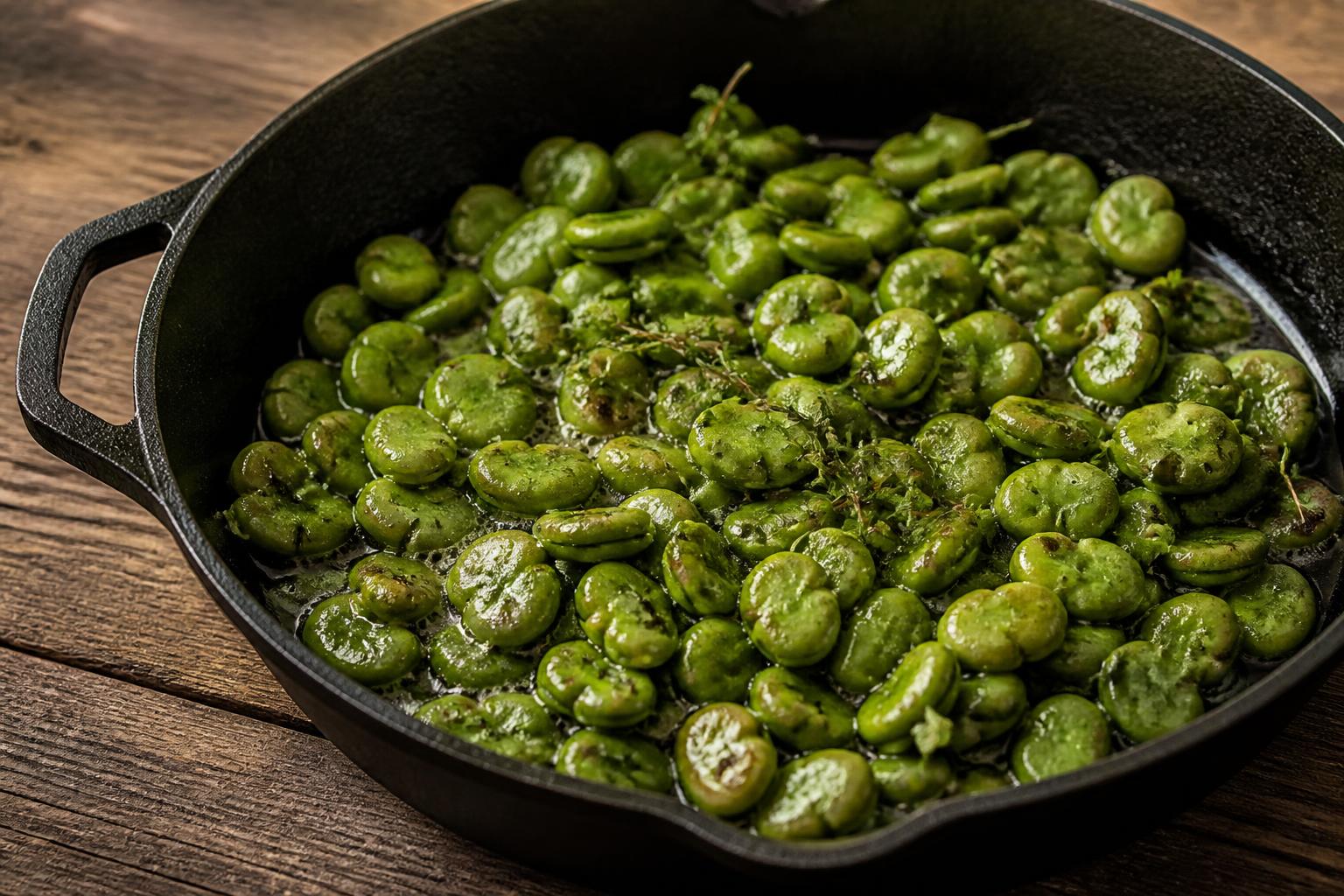 découvrez une délicieuse poêlée de fèves fraîches sautées au beurre parfumé au thym, un plat simple et savoureux parfait pour accompagner vos repas.