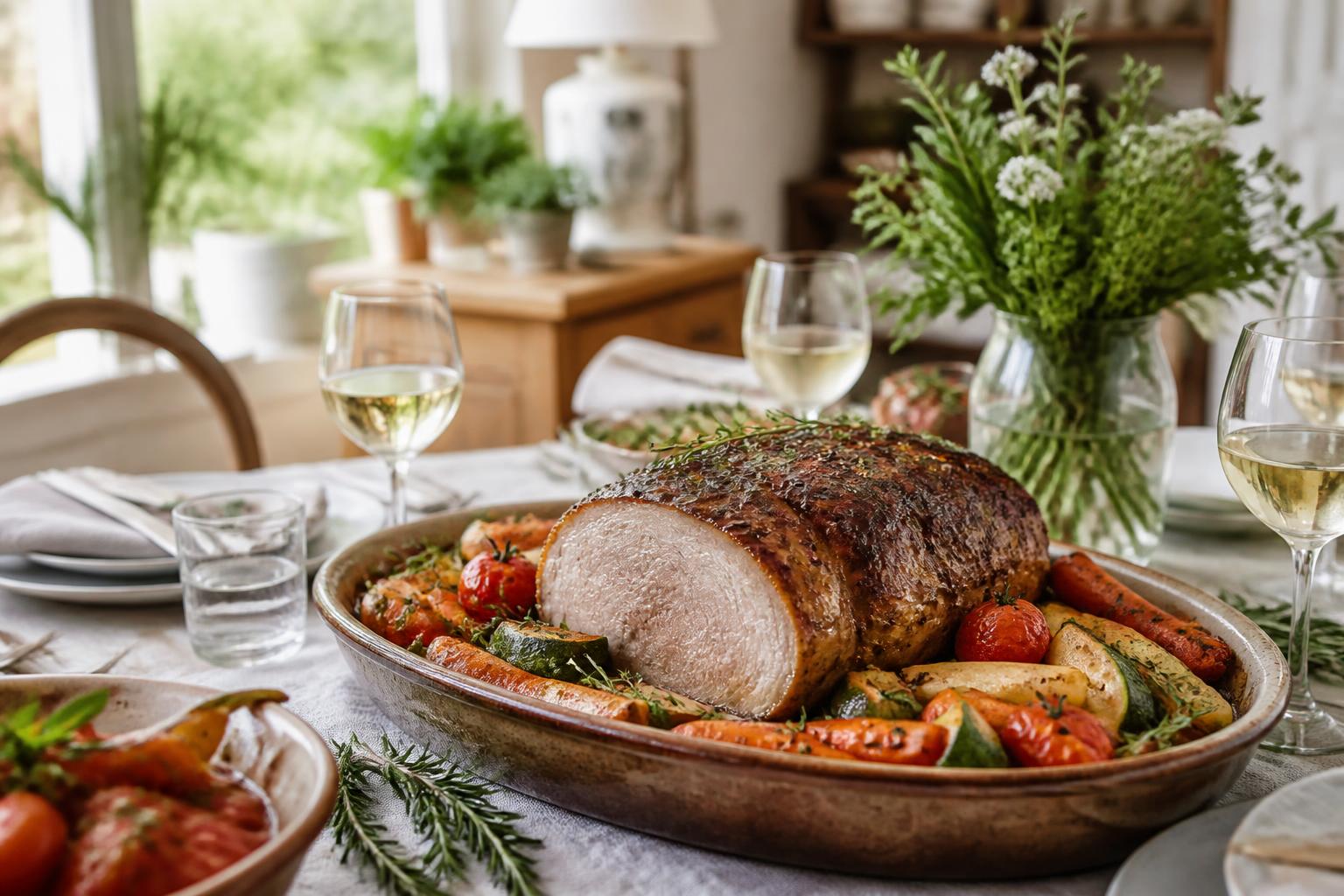 découvrez une recette savoureuse de rôti de porc aux herbes accompagné d'une garniture de légumes frais pour un repas équilibré et gourmand.