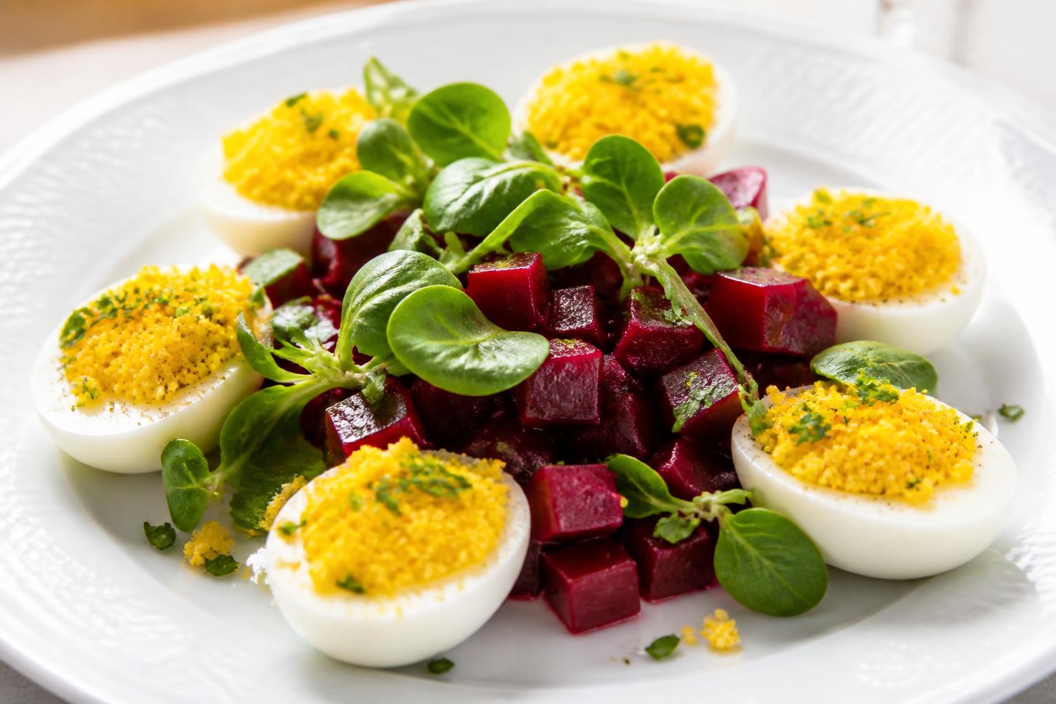 découvrez une recette fraîche et savoureuse de salade de betterave accompagnée d'œufs mimosa, idéale pour une entrée colorée et saine.