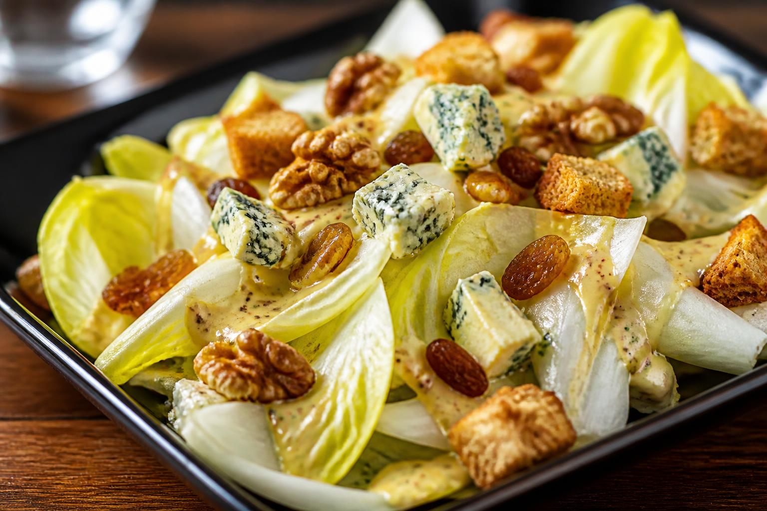 découvrez notre recette facile et savoureuse de salade d'endives au bleu d'auvergne, un mélange parfait de douceur et de caractère pour vos repas.