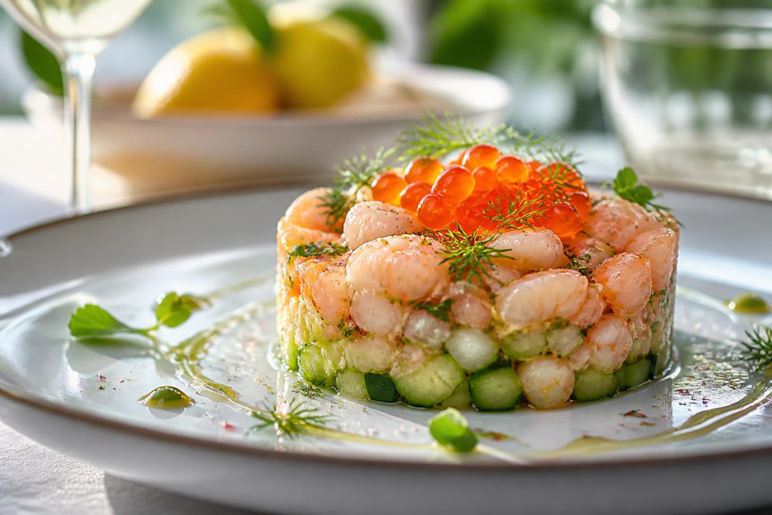 découvrez notre recette fraîche et raffinée de tartare crevettes-concombre, sublimée par des œufs de saumon pour une explosion de saveurs en bouche.