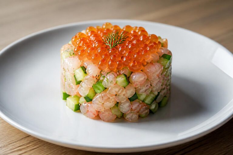 découvrez une recette fraîche et raffinée de tartare crevettes-concombre, sublimée par des œufs de saumon pour un goût délicat et élégant.