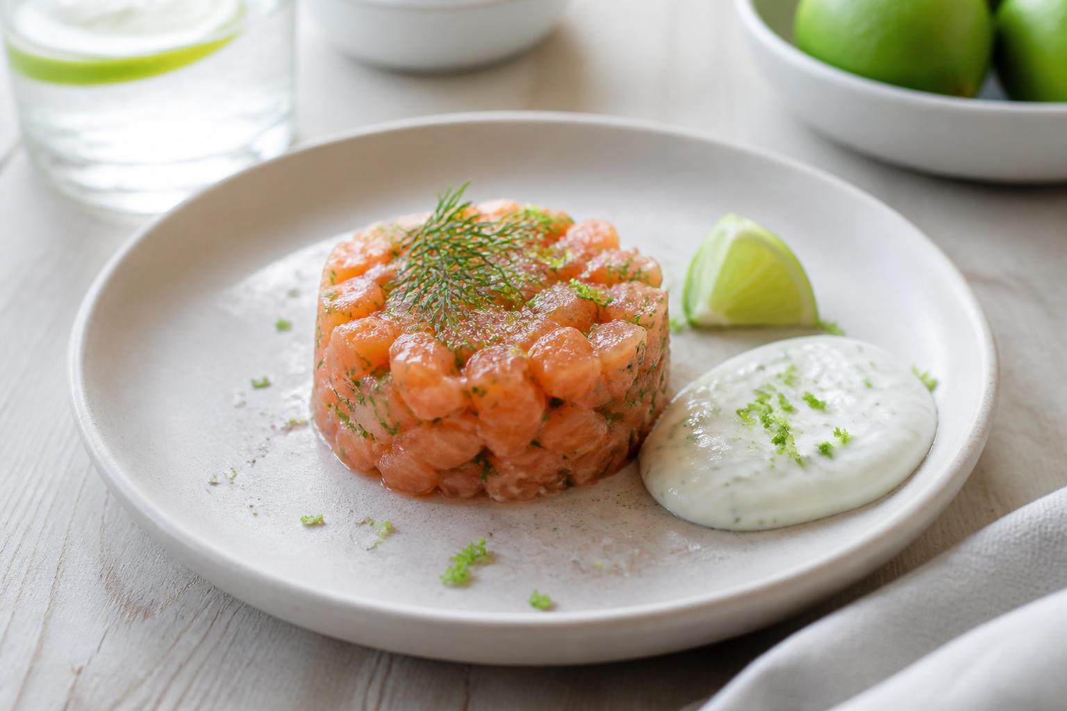 découvrez notre recette fraîche et savoureuse de tartare de saumon à l'aneth, accompagné d'une onctueuse crème de citron vert, parfaite pour une entrée légère et raffinée.