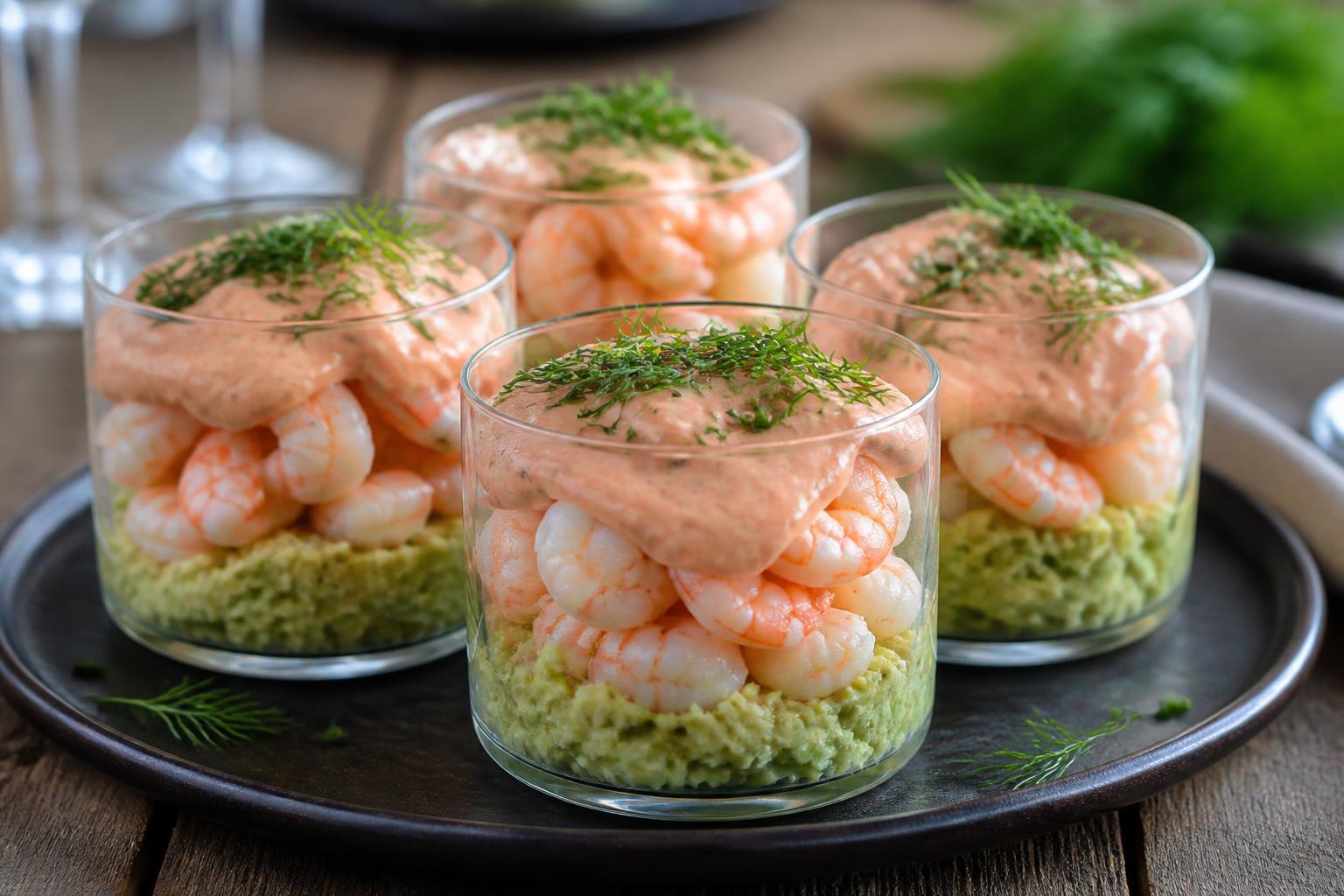 découvrez notre délicieuse verrine avocat, crevettes et sauce cocktail, une entrée fraîche et raffinée parfaite pour vos repas et occasions spéciales.