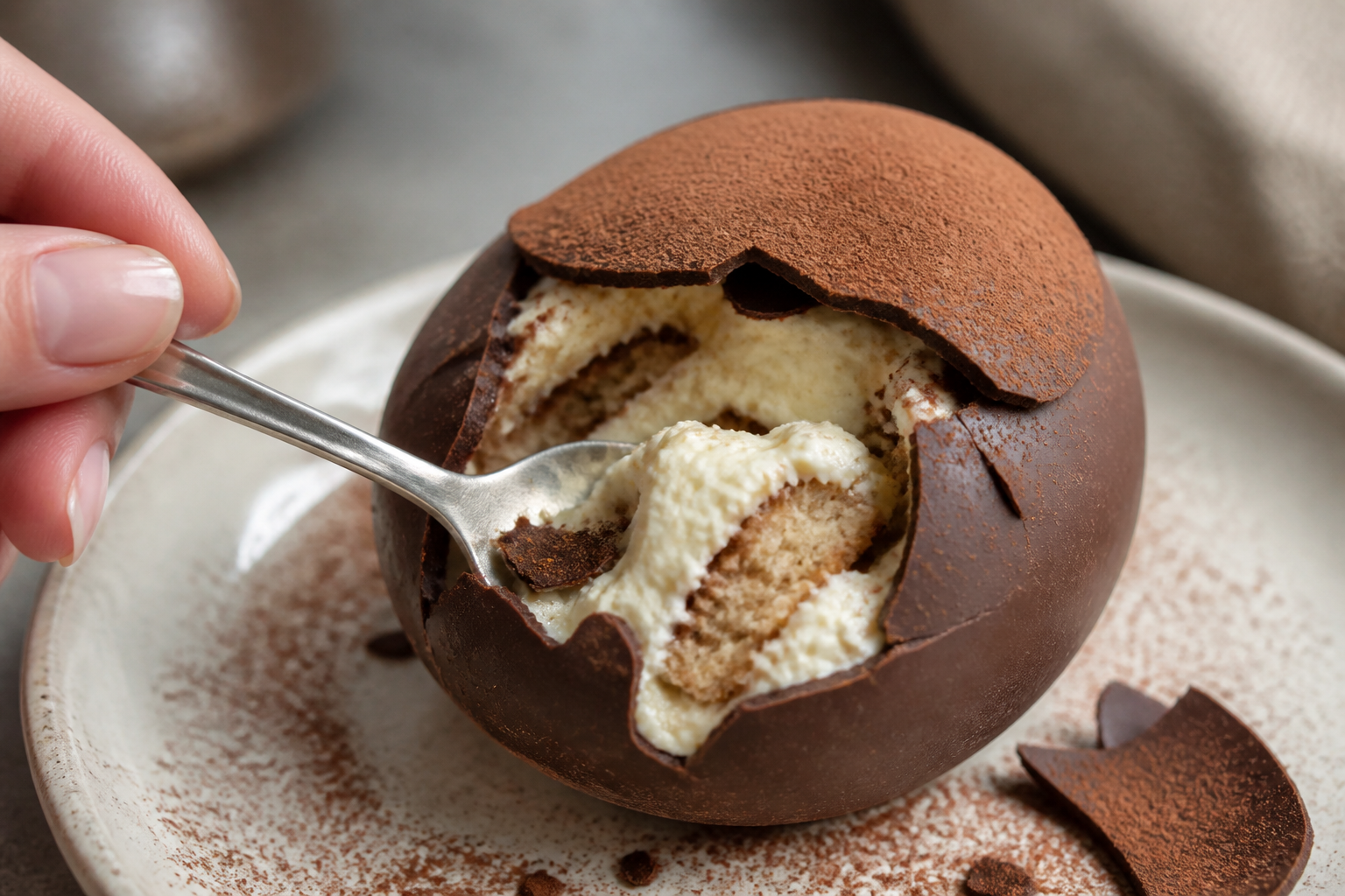 Tiramisu en coque chocolat : le dessert qui reste croquant