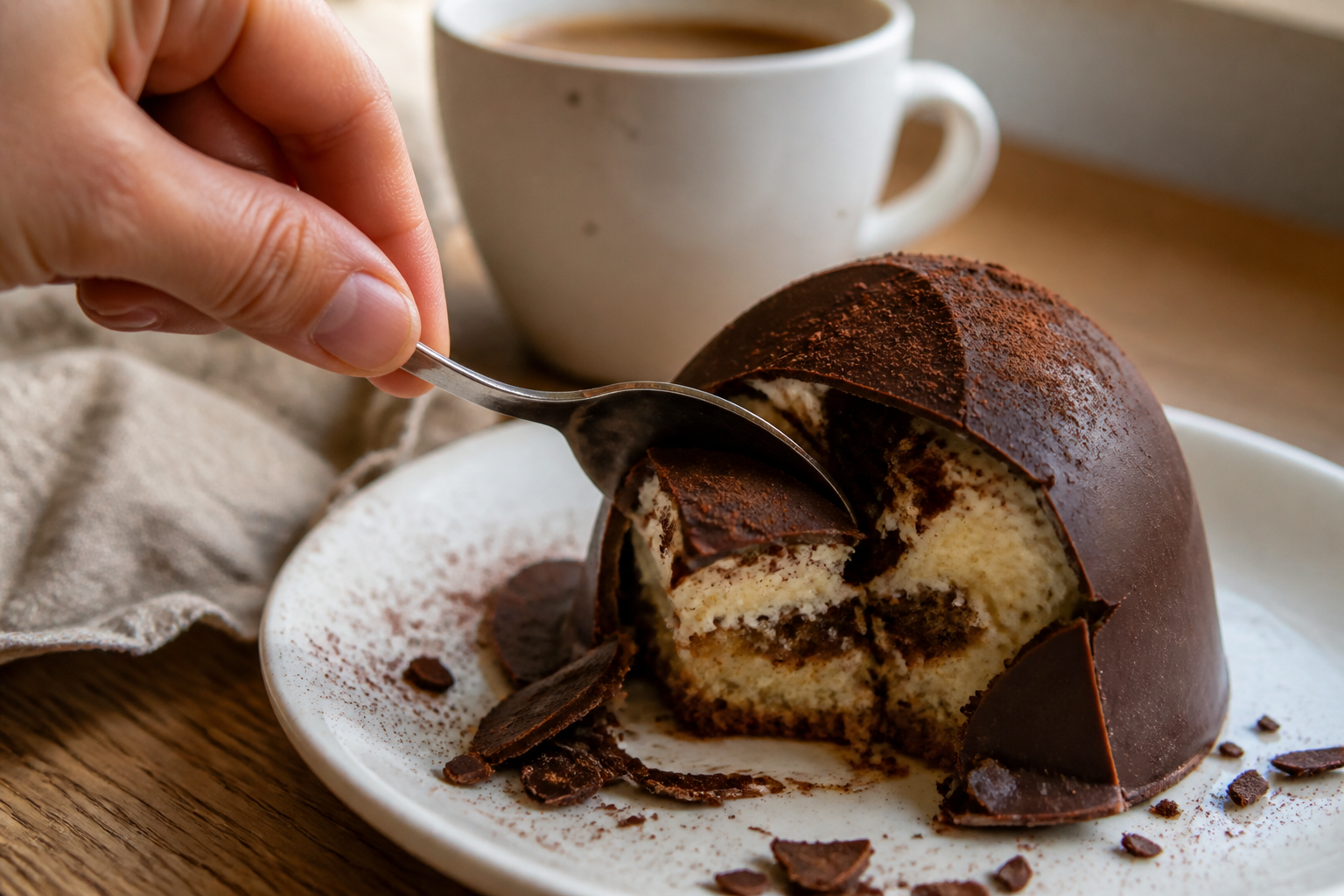 Tiramisu en coque chocolat : le dessert qui reste croquant
