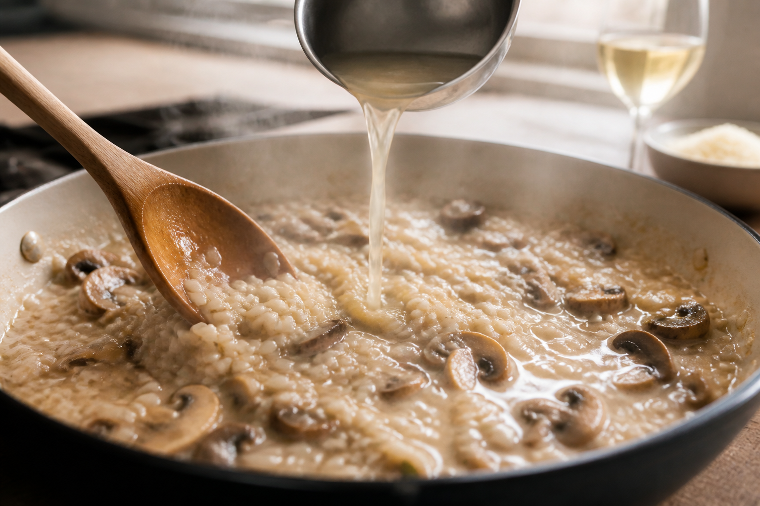Risotto aux champignons : quand ajouter le bouillon pour une texture crémeuse