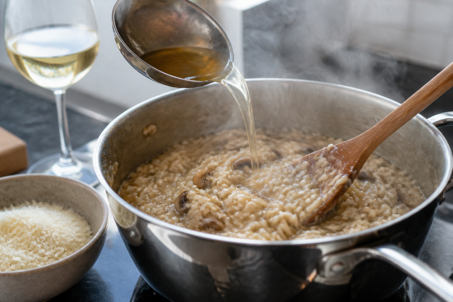 Risotto aux champignons : quand ajouter le bouillon pour une texture crémeuse