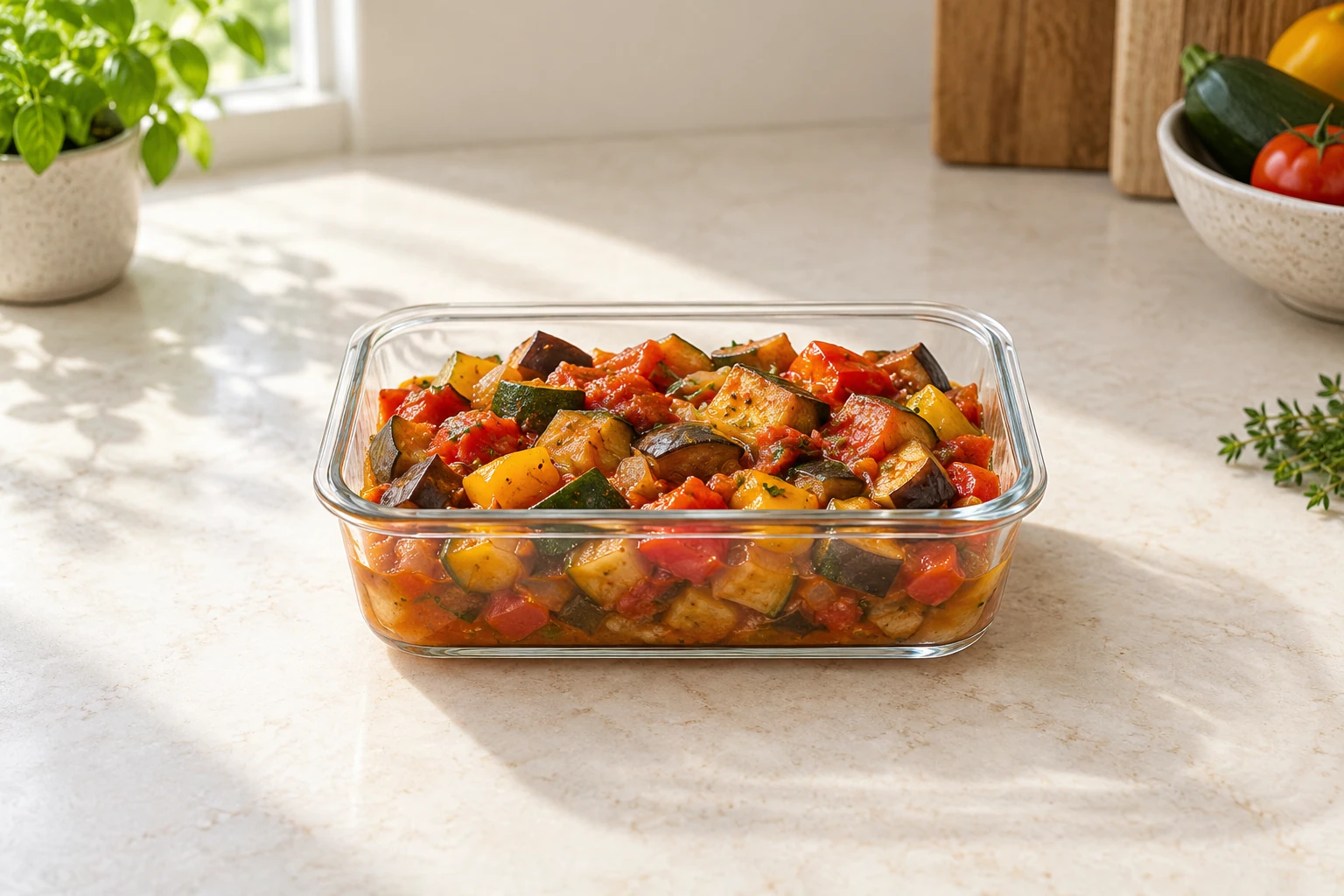 Plat rectangulaire en verre contenant ratatouille de légumes colorés sur plan de travail