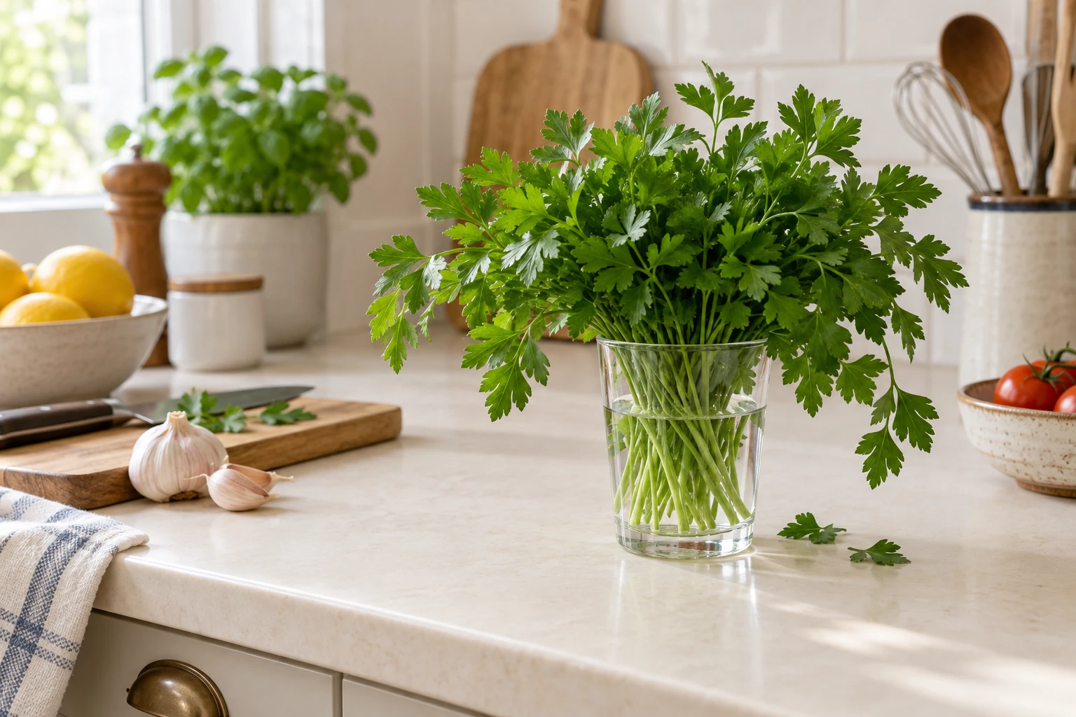 Botte de persil dans un verre d'eau sur plan de travail lumineux de cuisine