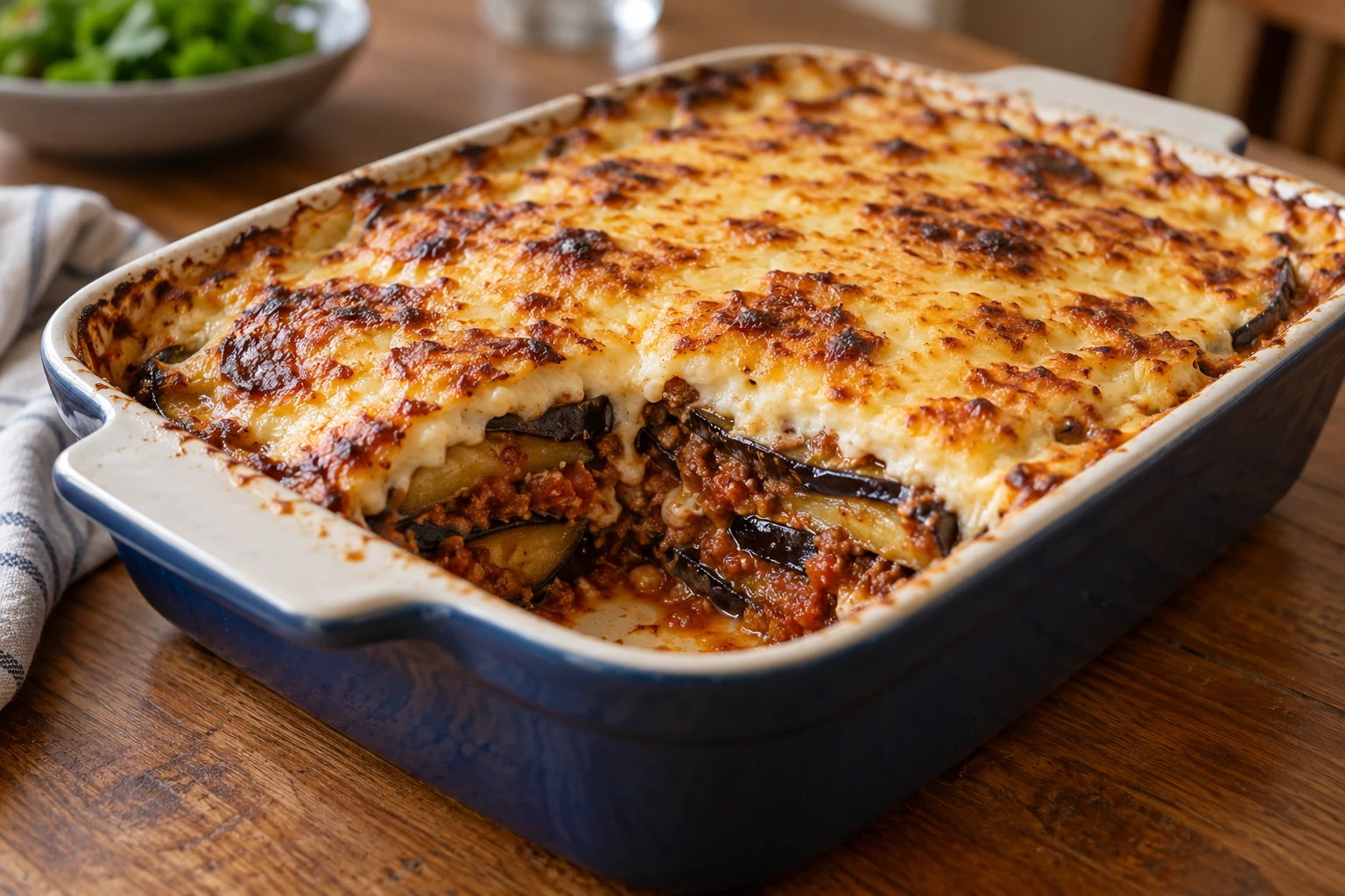 Gratin de moussaka découpé dans plat rectangulaire avec couches d’aubergine et béchamel
