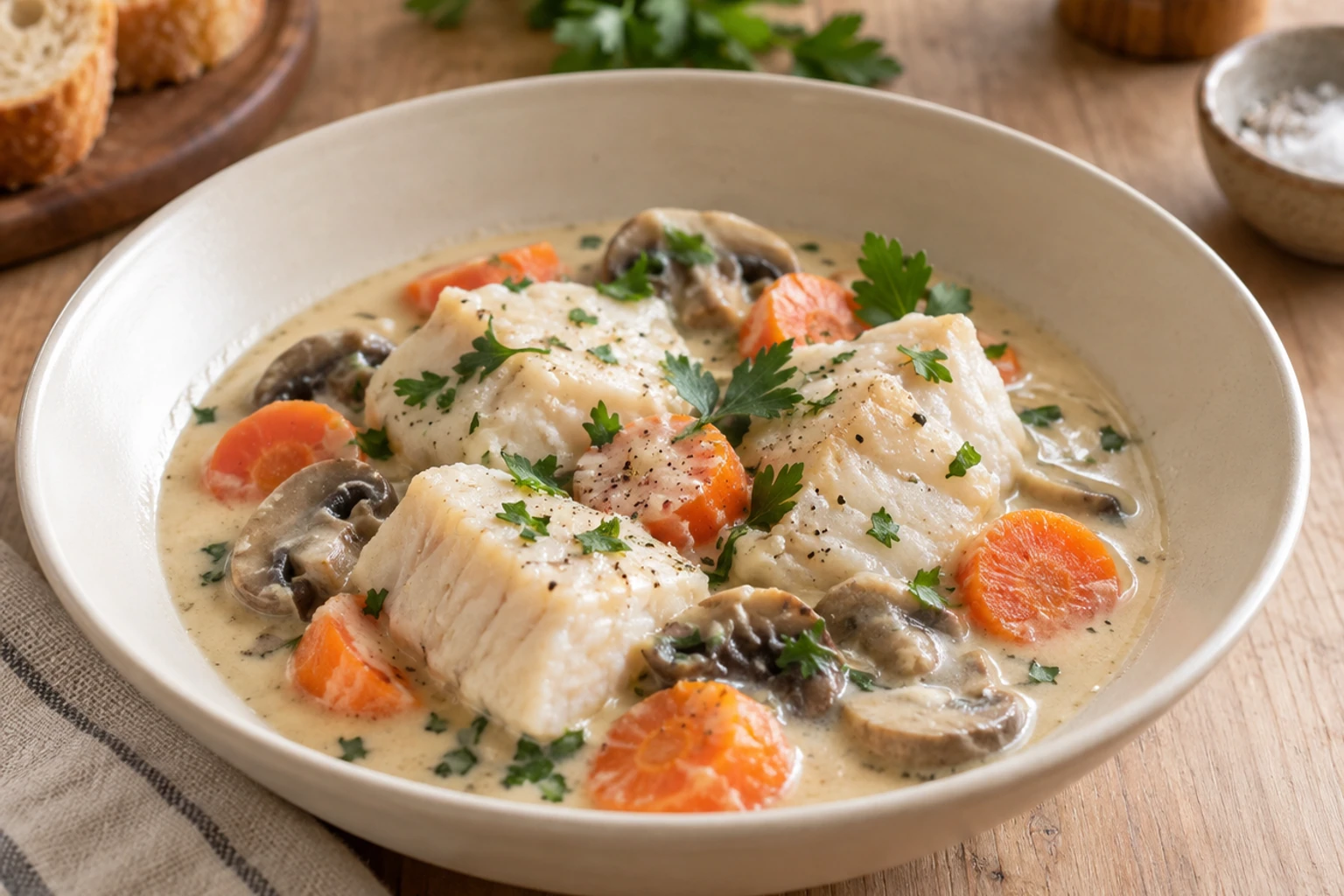Blanquette de poisson avec morceaux de cabillaud, carottes, champignons, sauce crémeuse et persil