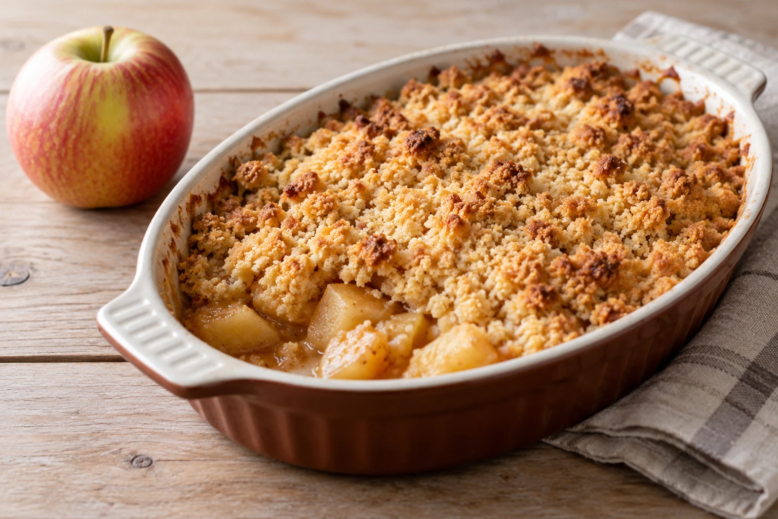 Crumble aux pommes doré dans plat en céramique posé sur table en bois
