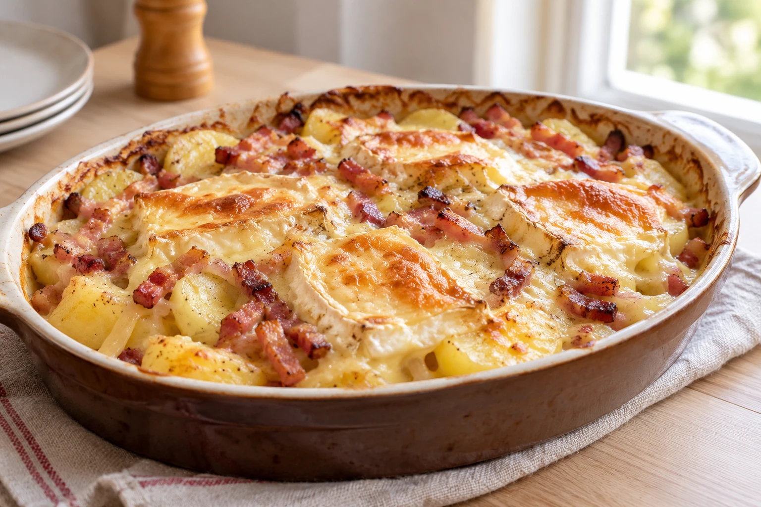 Gratin de tartiflette dans plat rond, pommes de terre, lardons et reblochon fondu