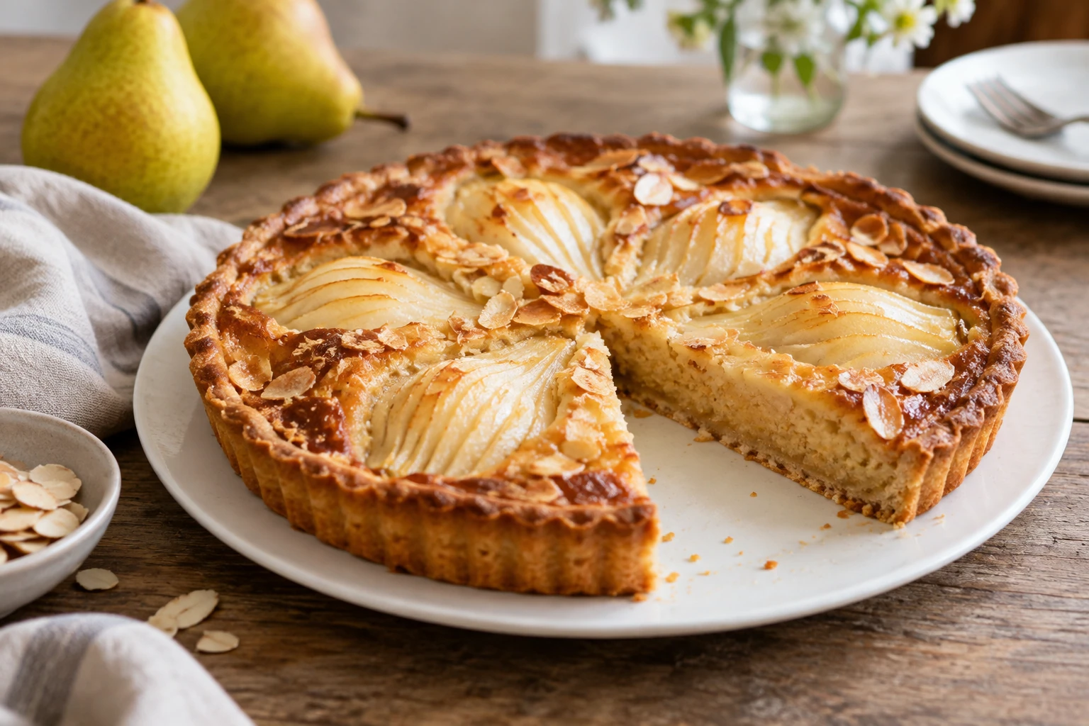 Tarte poire amandine tranchée sur assiette, poires fanned et amandes effilées visible